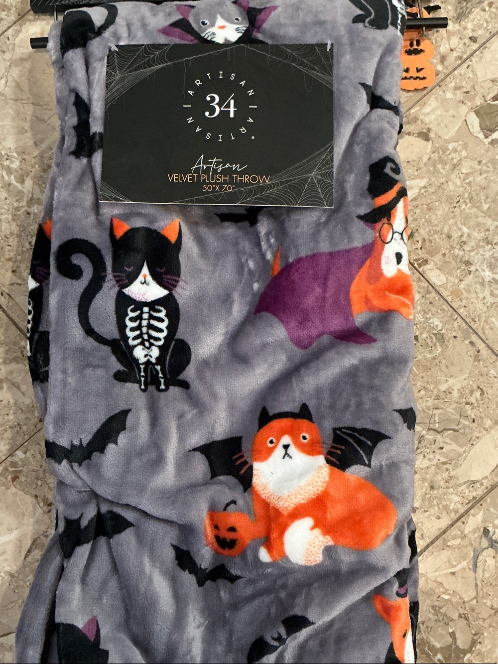 Artisan Halloween Cat Velvet Plush Throw - Gray, Orange & Purple 50x70 NWT